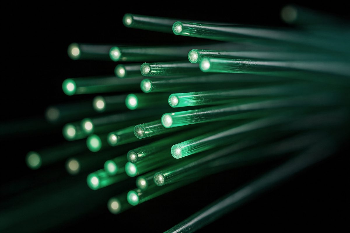 An abstract macro photograph of illuminated fibre-optic cable bundles glowing green against black