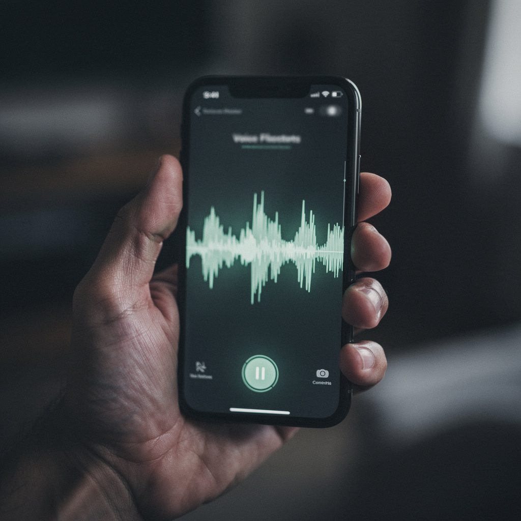 A hand holding a phone showing a voice-effects companion app with a waveform on screen
